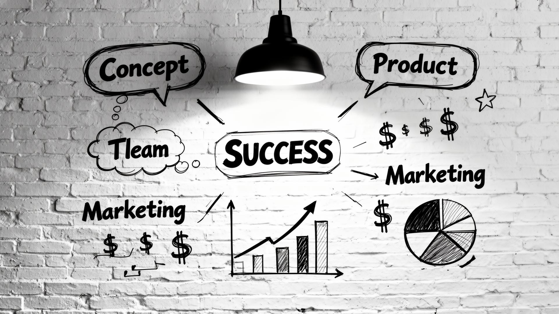 Hand-drawn business strategy on a white brick wall